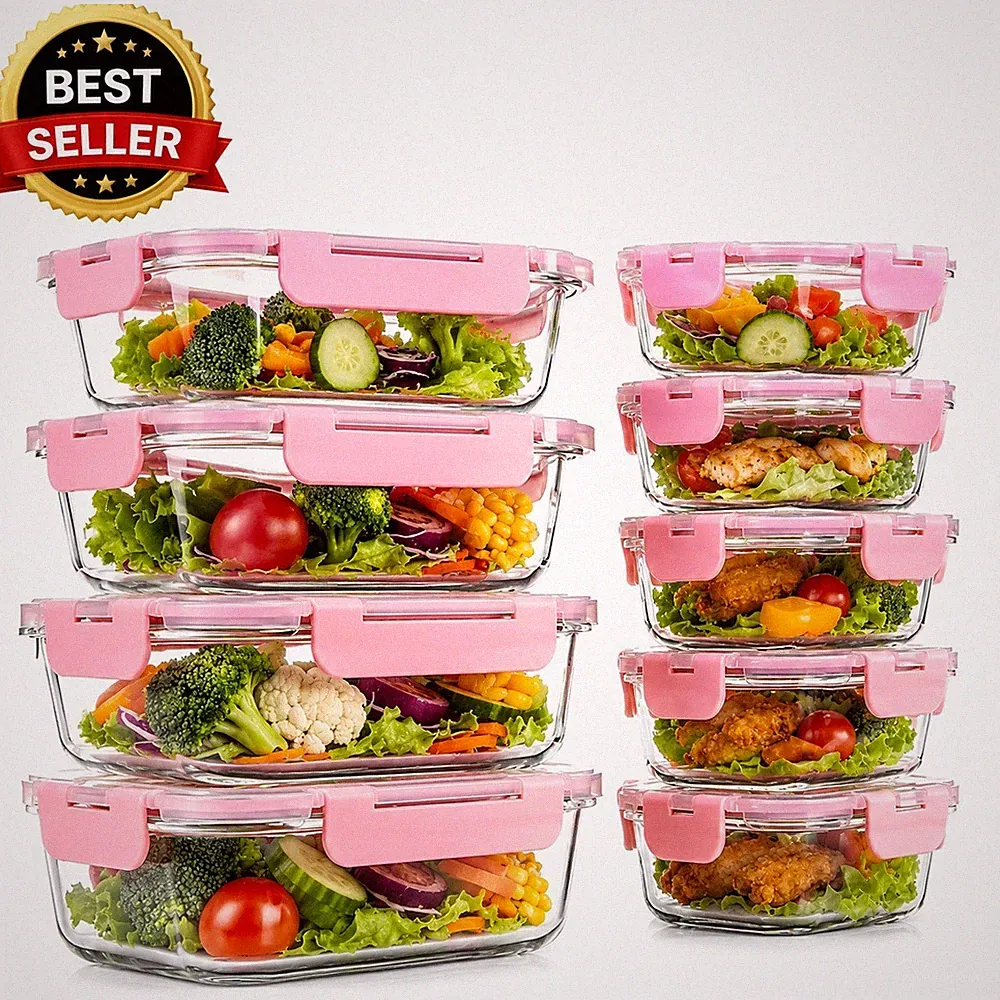 10 Pack Glass Food Storage Containers with Airtight Lids Meal Prep Lunch Box Set