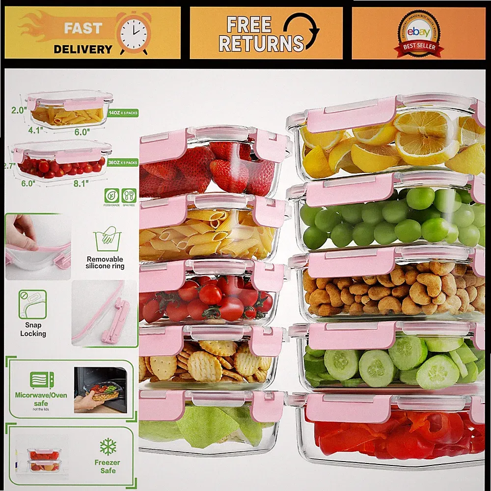 10 Pack Glass Meal Prep Containers Set, Airtight Locking Lids, BPA-Free, Leak Pr