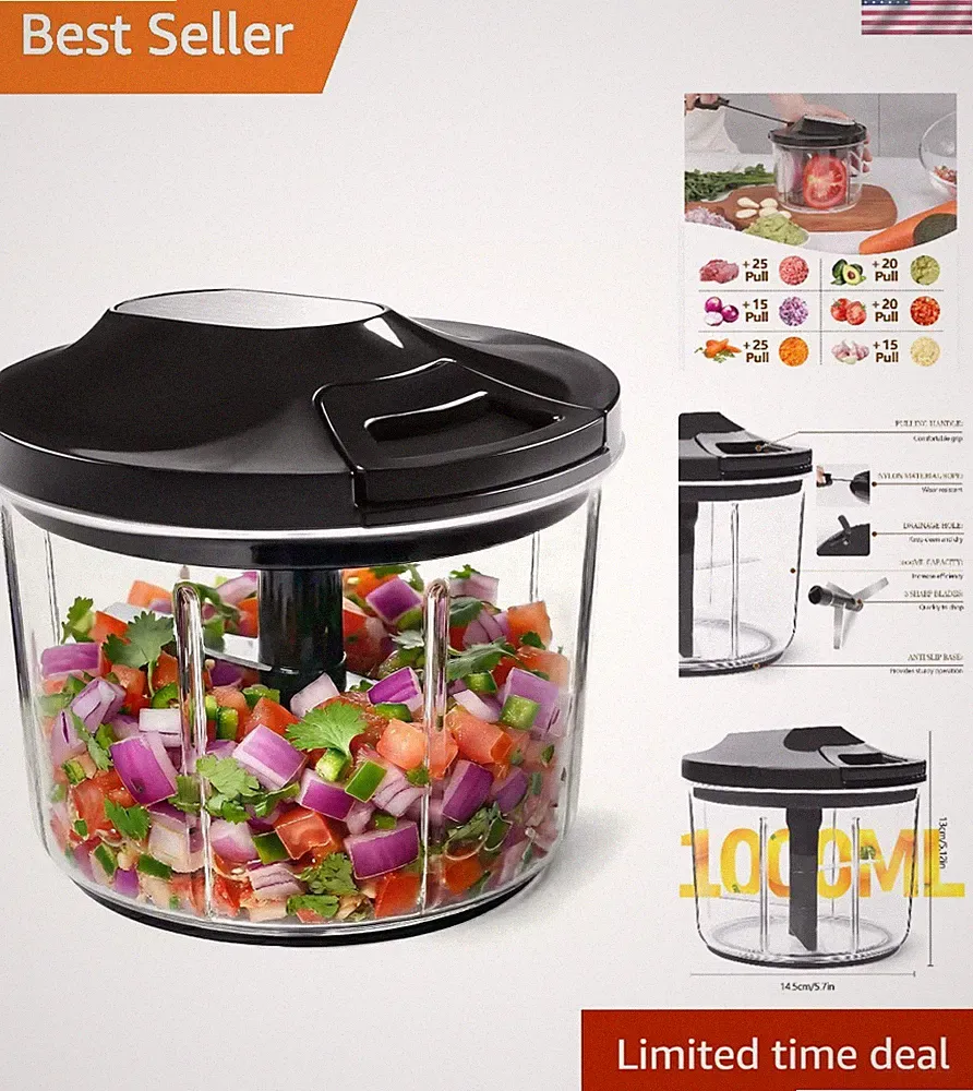 1000ml Manual Food Processor with 3 Stainless Steel Blades, Anti‑Slip, BPA‑Free