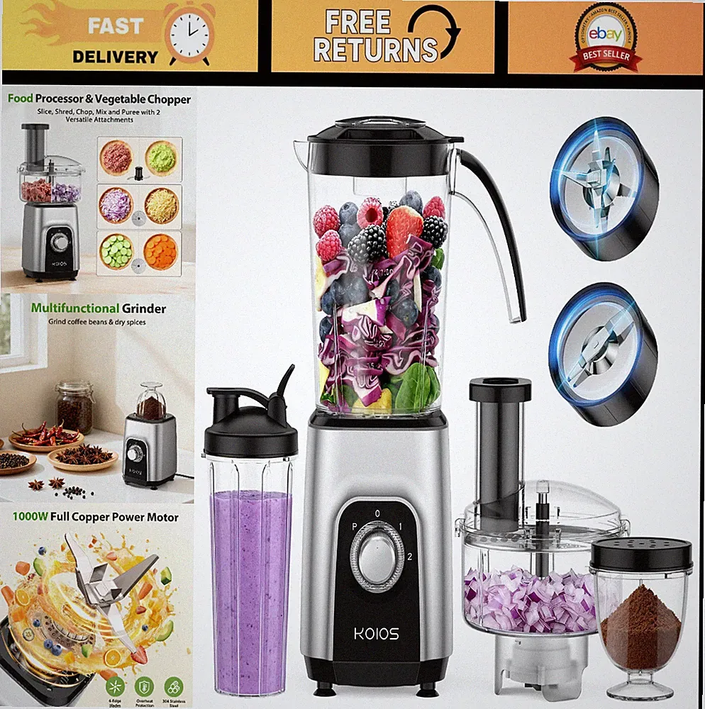 1000W 4-in-1 Blender & Food Processor Combo - 34oz Pitcher, 22oz Cup, Meat Grind