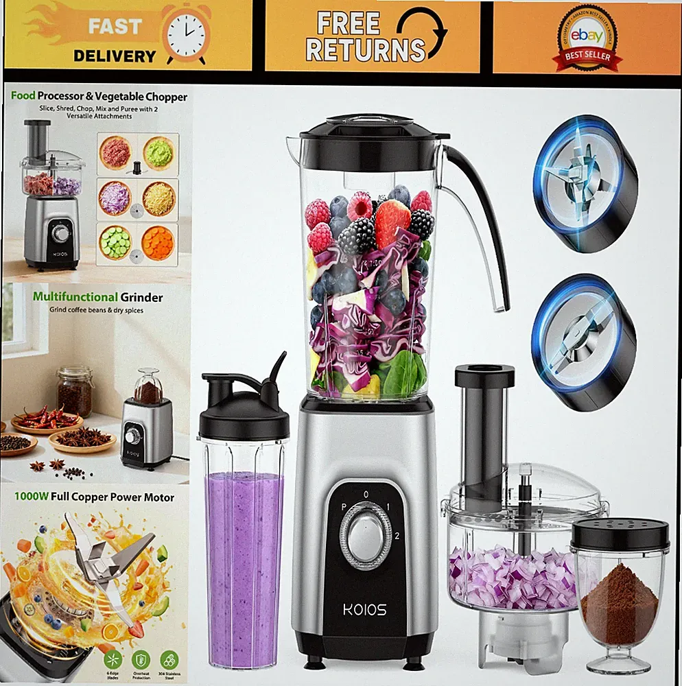 1000W 4-in-1 Blender & Food Processor Combo, 34oz Pitcher, Meat Grinder, BPA Fre