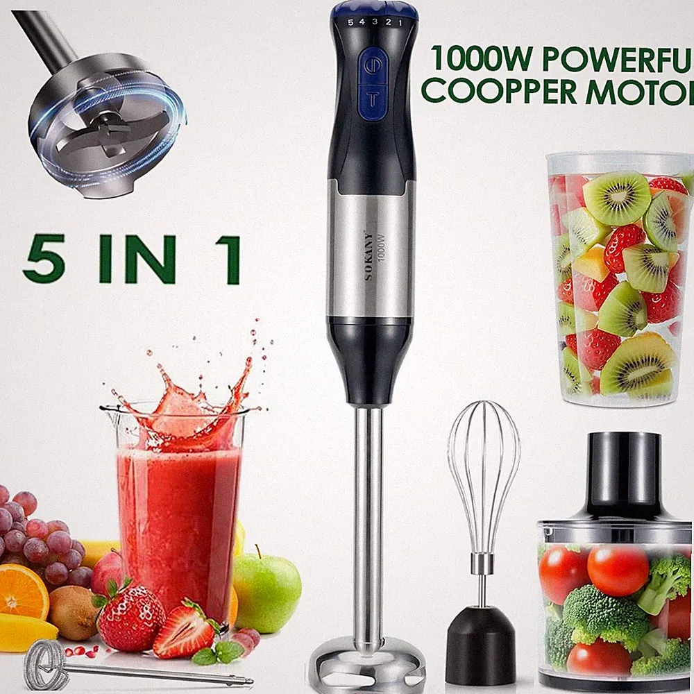 1000W 5 in 1 5 Speed Powerful Hand held Electric Food Blender Mixer Stick