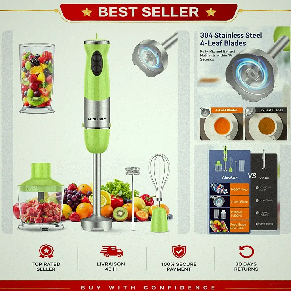 1000W Immersion Hand Blender 5-in-1 Set 12 Speed Chopper Whisk Green