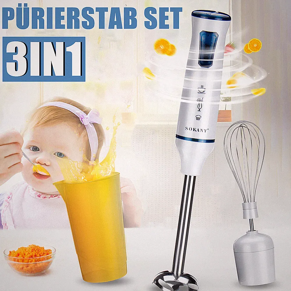 1000W Immersion Hand Blender Mini Chopper 3 in 1 Electric Mixer w/ Beaker Whisk