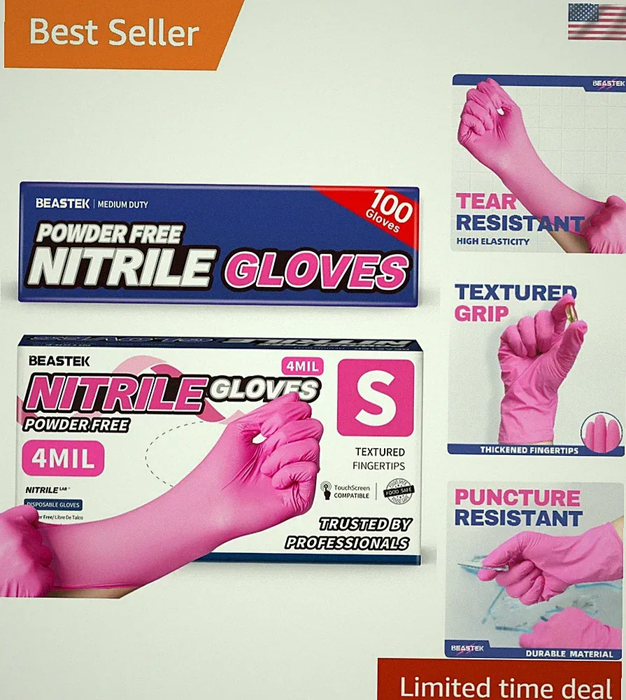 100Ct Hot Pink Nitrile Gloves - 4Mil, Powder-Free, Latex-Free for Multiple Uses