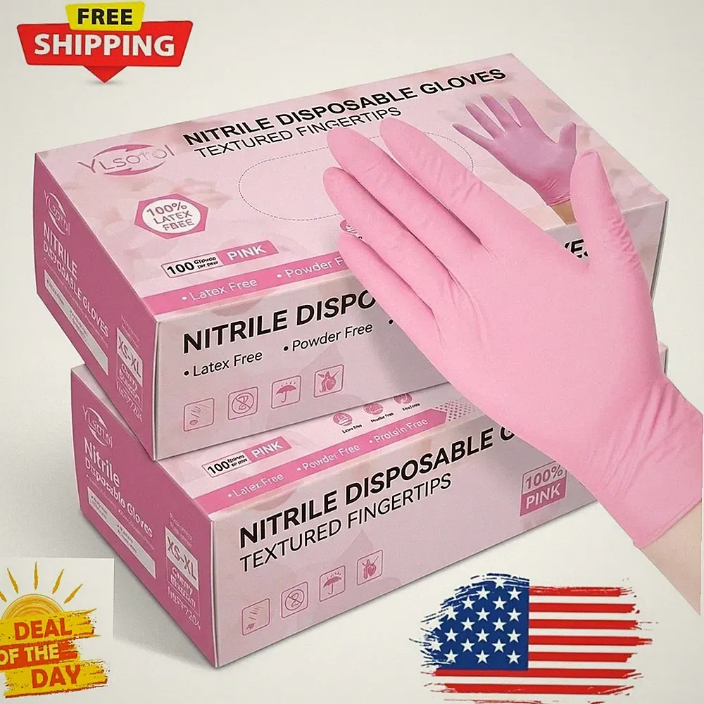 100pcs Pink Nitrile Disposable Gloves Food Safe Powder Free Durable Kitchen