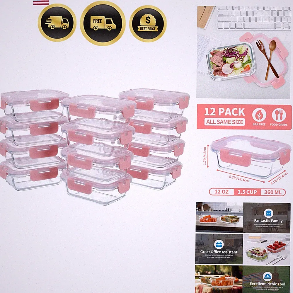12 Pack, 12oz Small Glass Food Storage Containers, Pink Set