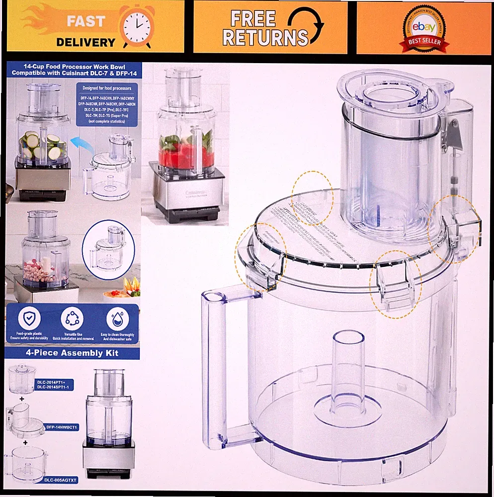 14-Cup Food Processor Work Bowl Kit Replacement with 4 Locking Tabs & Pusher