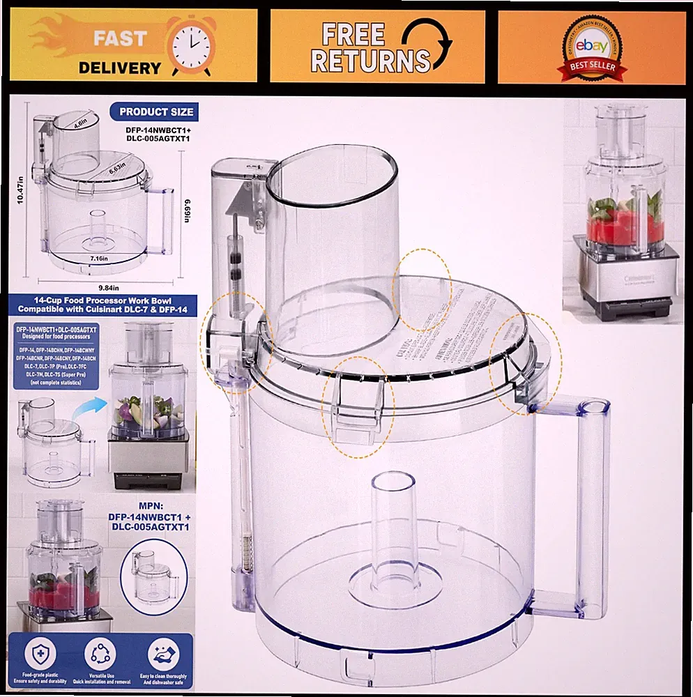 14-Cup Food Processor Work Bowl Kit with Locking Tabs & Cover - Fits DFP-14 Mode
