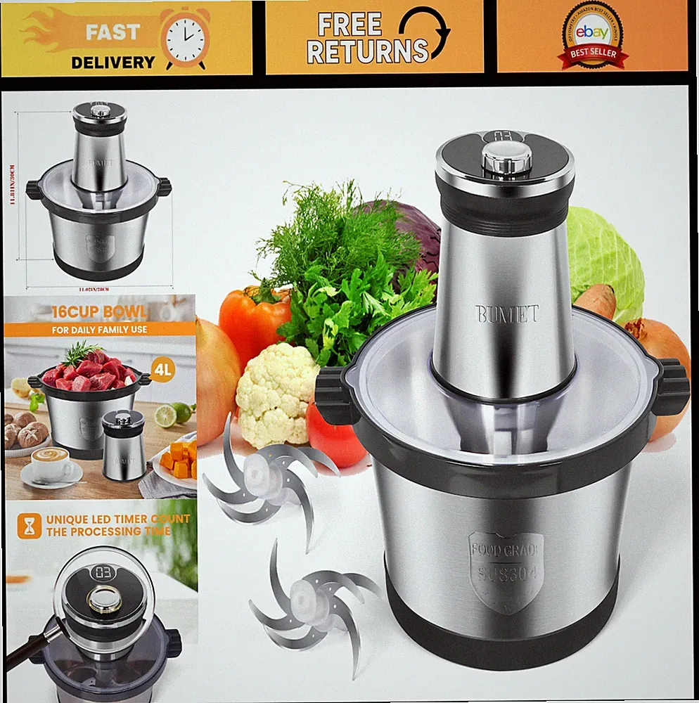 16-Cup Electric Food Processor - 850W, LED Timer, 3-Tiered Blade for Chopping, M