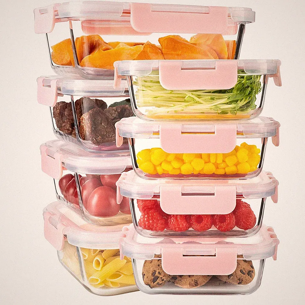 16Pack Glass Meal Prep Containers 8 Bowls with 8 Airtight Pink Lids 2 Sizes
