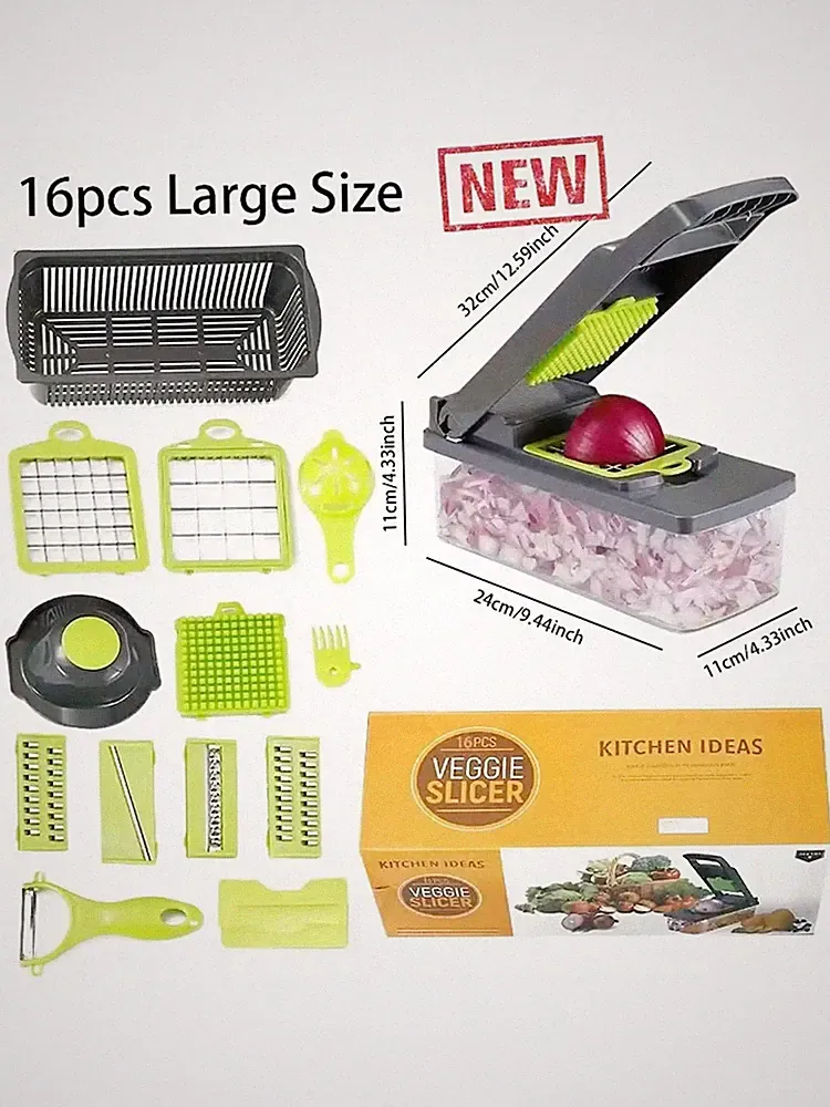 16pcs Kitchen Chopper 33cm, Manual Food Processor for Slicing Dicing Grating, Ti