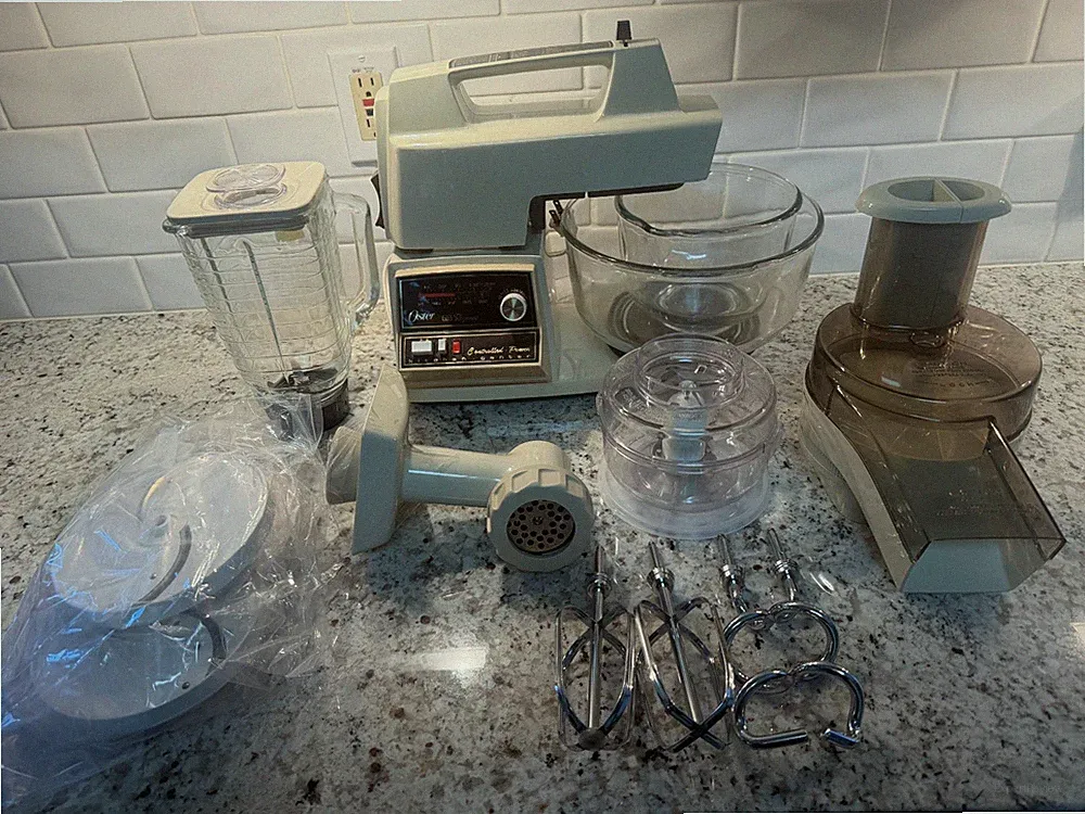 1970's OSTER Regency Kitchen Center stand mixer, blender, food processor, +more