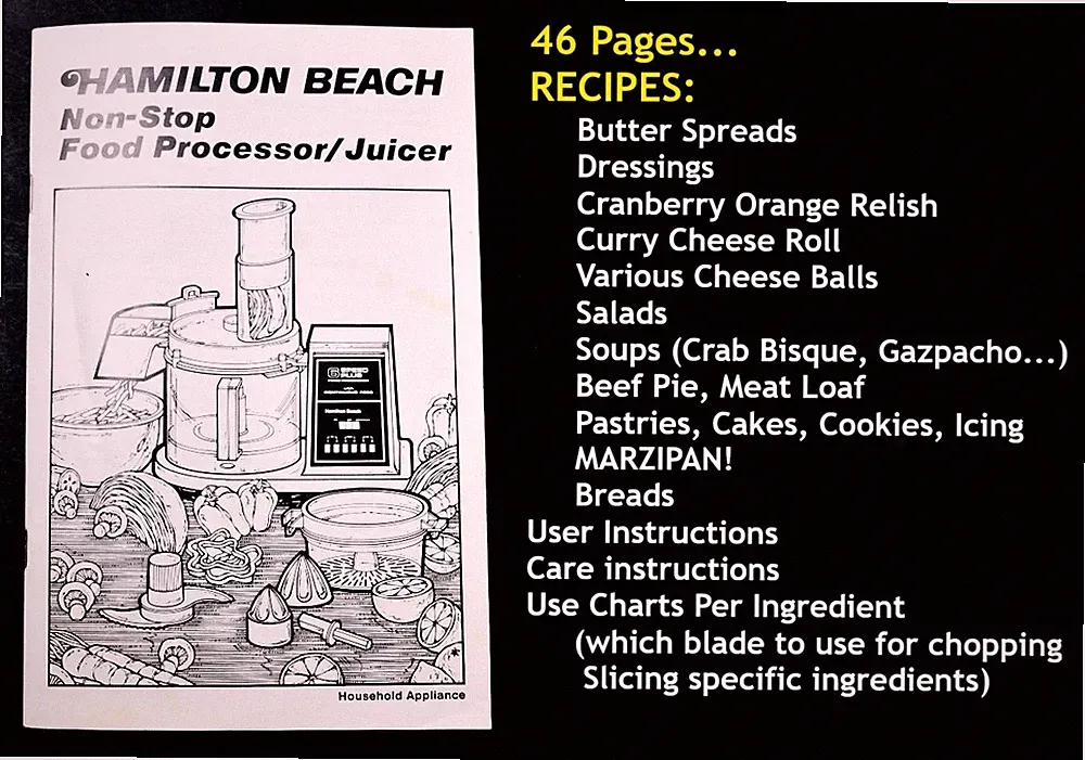 1987 Hamilton Beach 712 1 & AL Non-Stop Food Processor Juicer MANUAL & RECIPES