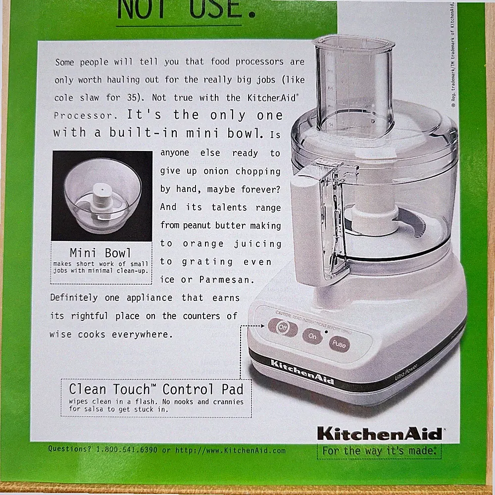 1996 Kitchen Aid Food Processor Cooking Tool Vintage Print Ad Food Advert