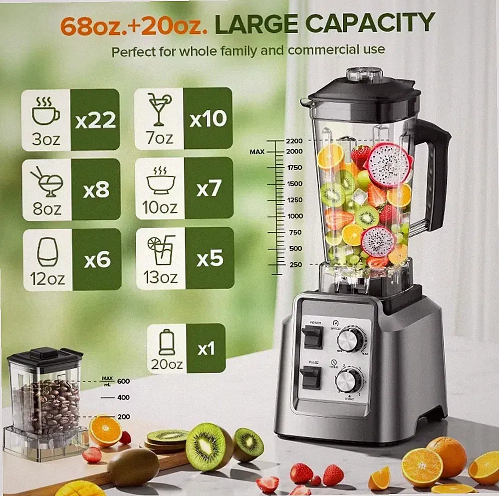 2-in-1 Blender & Grinder Combo, 1800W, 68oz BPA-Free Jar Smoothie Maker
