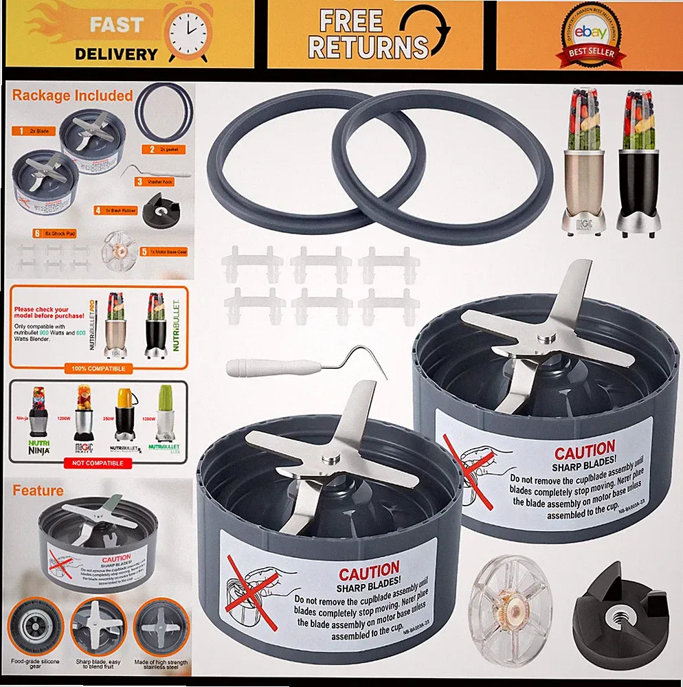 2-Pack Extractor Blade Set for NutriBullet 600W/900W Pro Blender + Silicone Gask