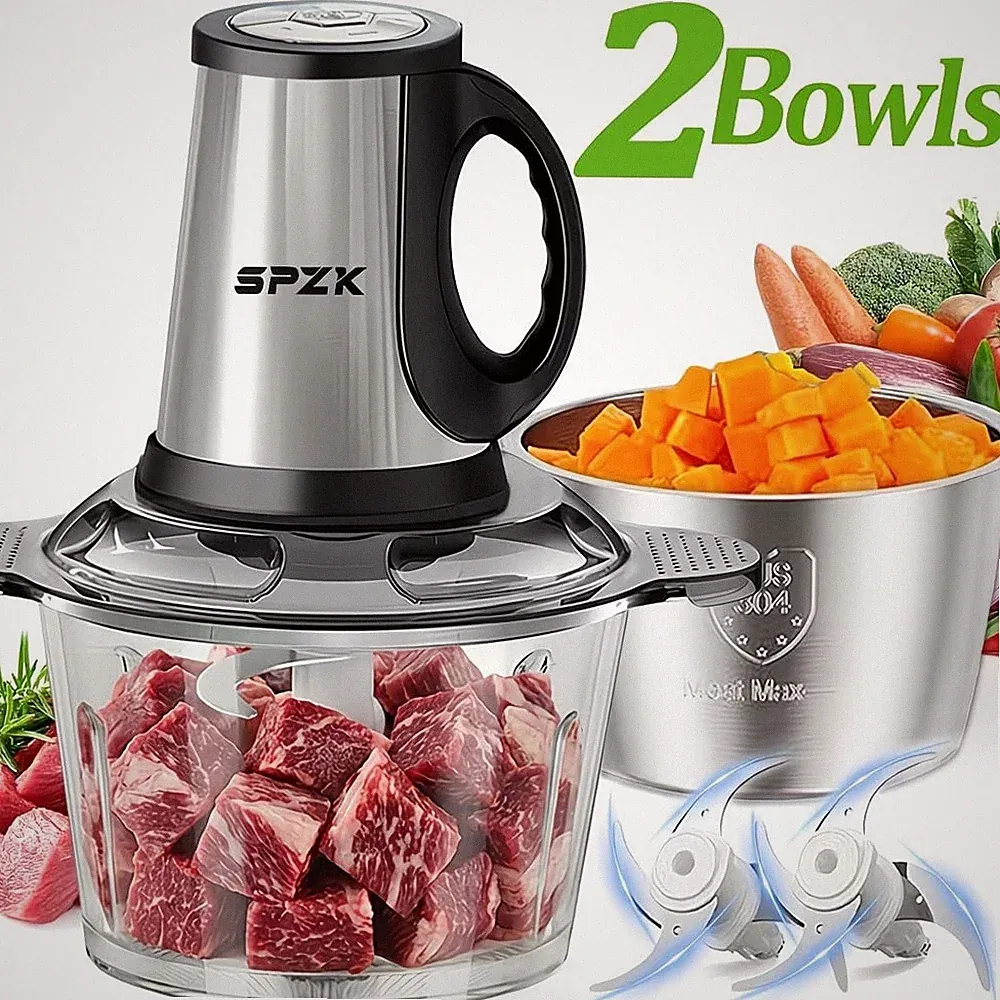2-Speed Electric Food Processor with Dual Bowls, 2L Capacity, Multi-Functional