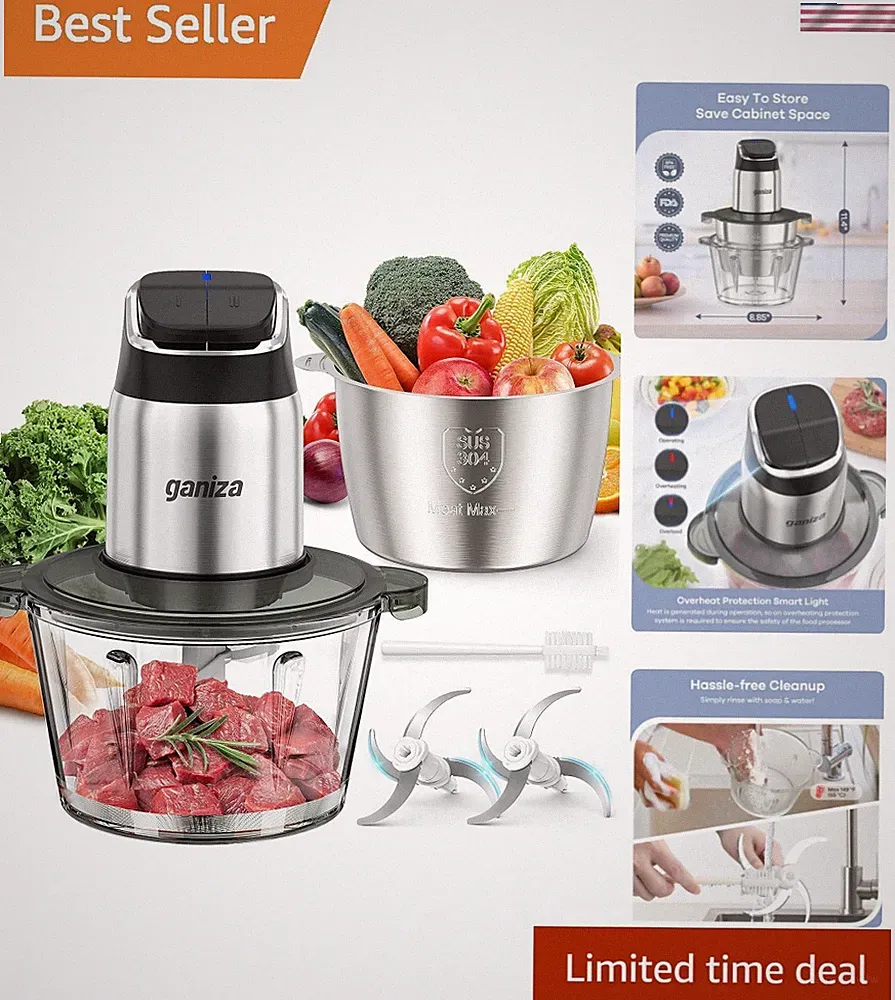 2-Speed Food Processor: 8 Cup Stainless Steel & Glass Bowls for Easy Chopping