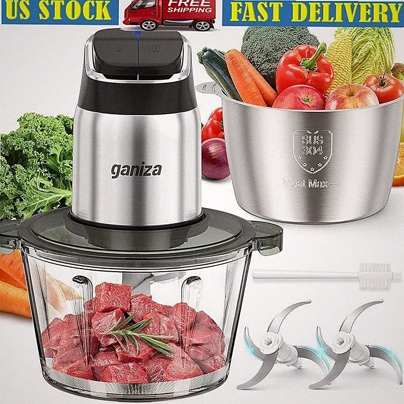 2-Speed Food Processor Chopper Meat Grinder W/ Overheat Protection & Dual Bowls
