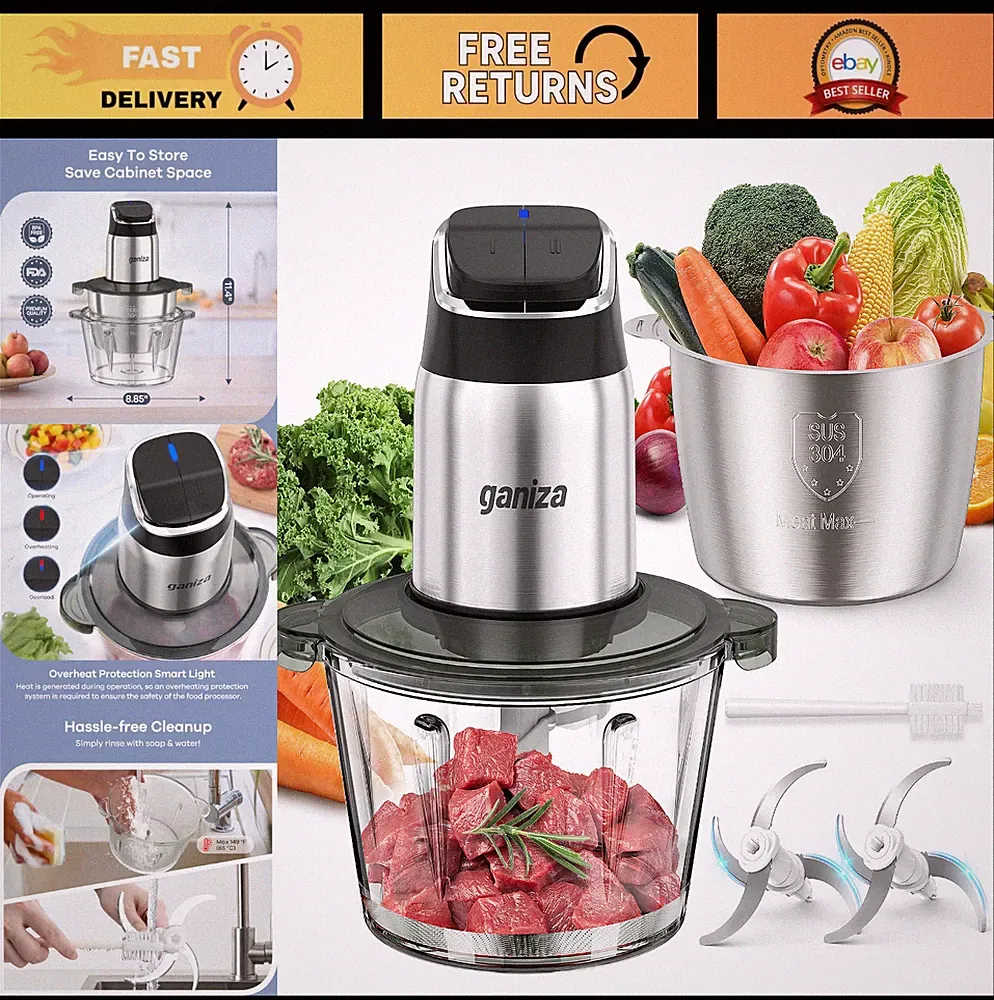 2-Speed Food Processor & Meat Grinder, 8-Cup Stainless Steel/Glass Bowls, Overhe
