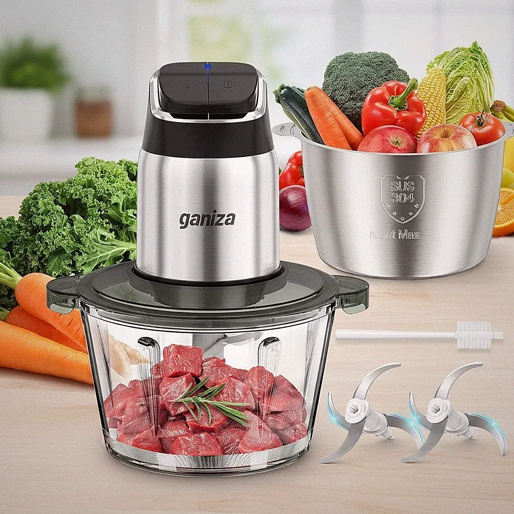 2-Speed Food Processor with 8 Cup Stainless Steel & Glass Bowls, Overheat Pro...