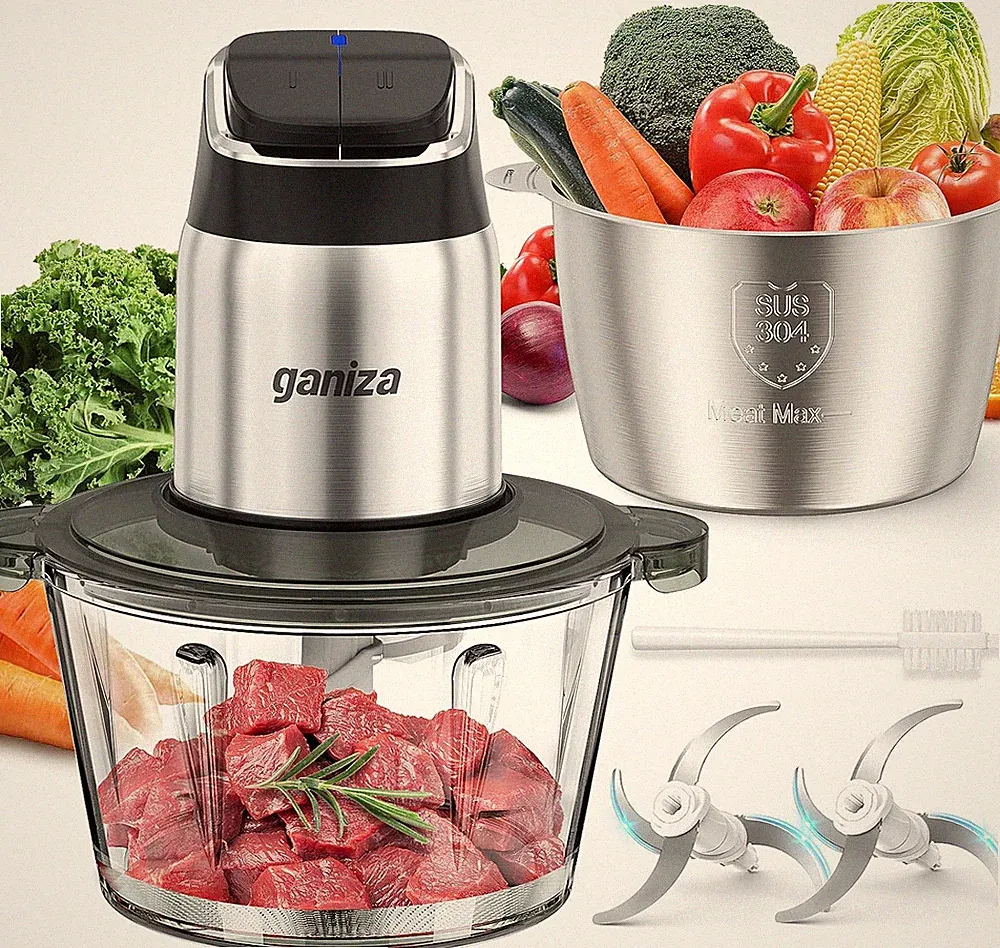 2-Speed Food Processor with Stainless Steel & Glass Bowls, Overheat Protection