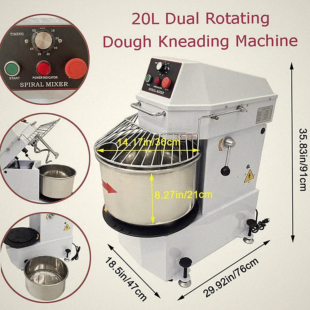 20L/20QT Stainless Food Mixer Dual Rotating Dough Kneading Machine Bread Pizza
