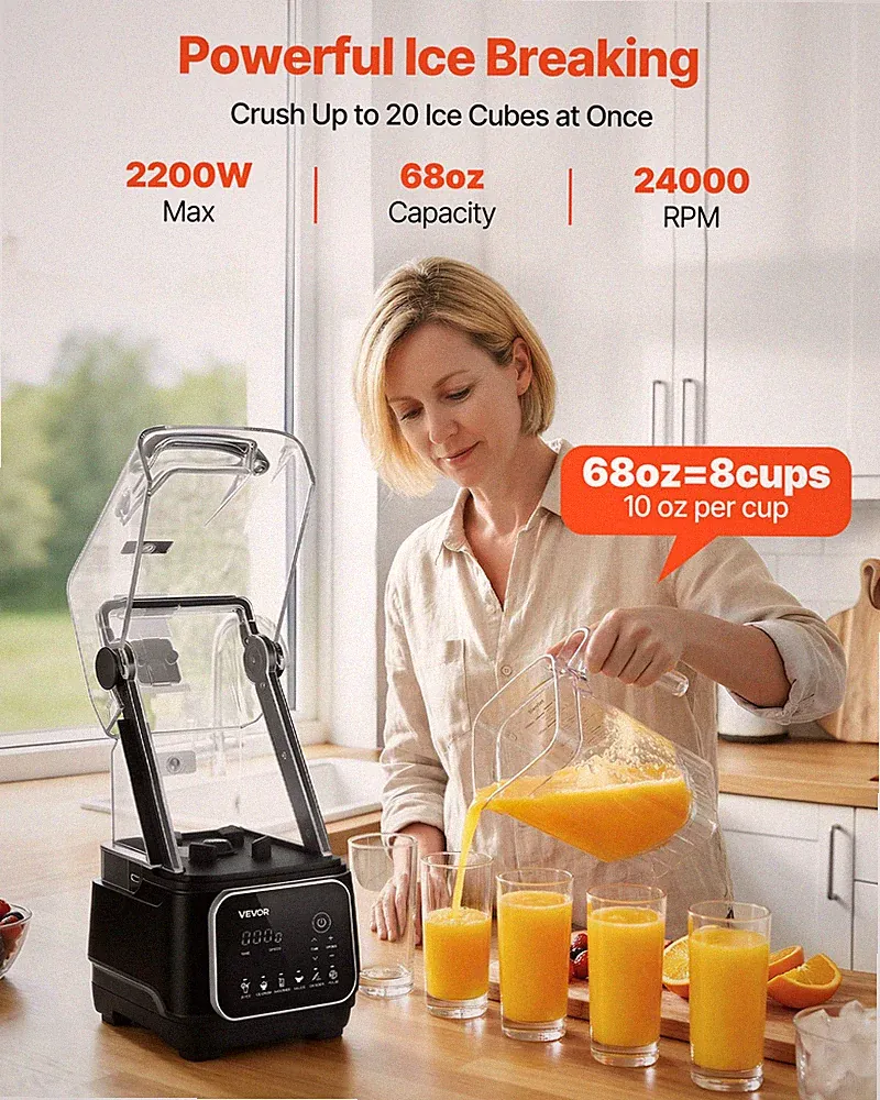 2200W Professional Blender 68oz Countertop Mixer Food Processor Black