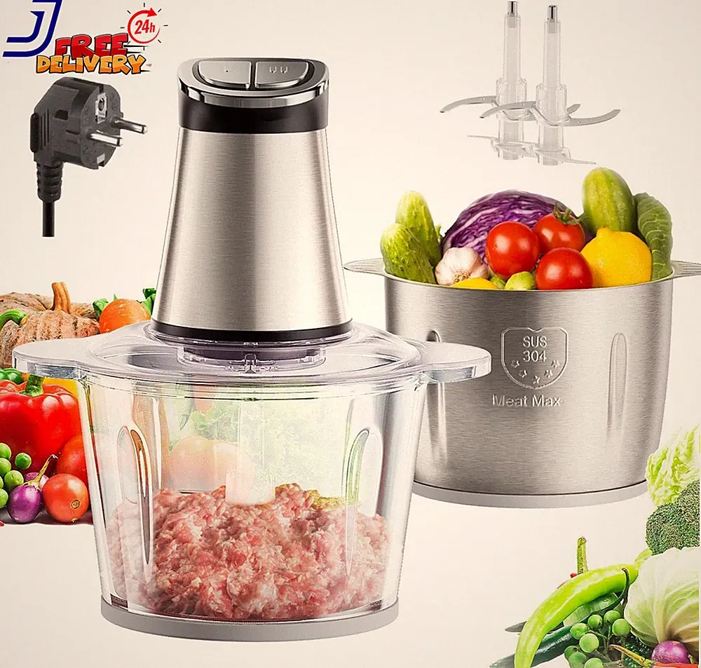 220V EU Plug 3L Dual Bowl Food Prep Processor with 2 Blades 2-Speed Settings &