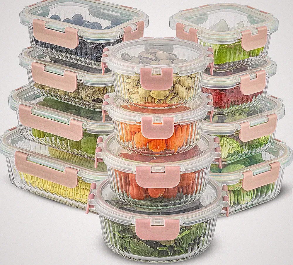 24Pc Glass Storage Containers with Lids - Airtight Meal Prep Set - Pink