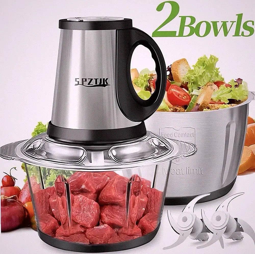 2L Electric Food Chopper Meat Grinder Processor 2 Bowls Stainless Steel BPA Free