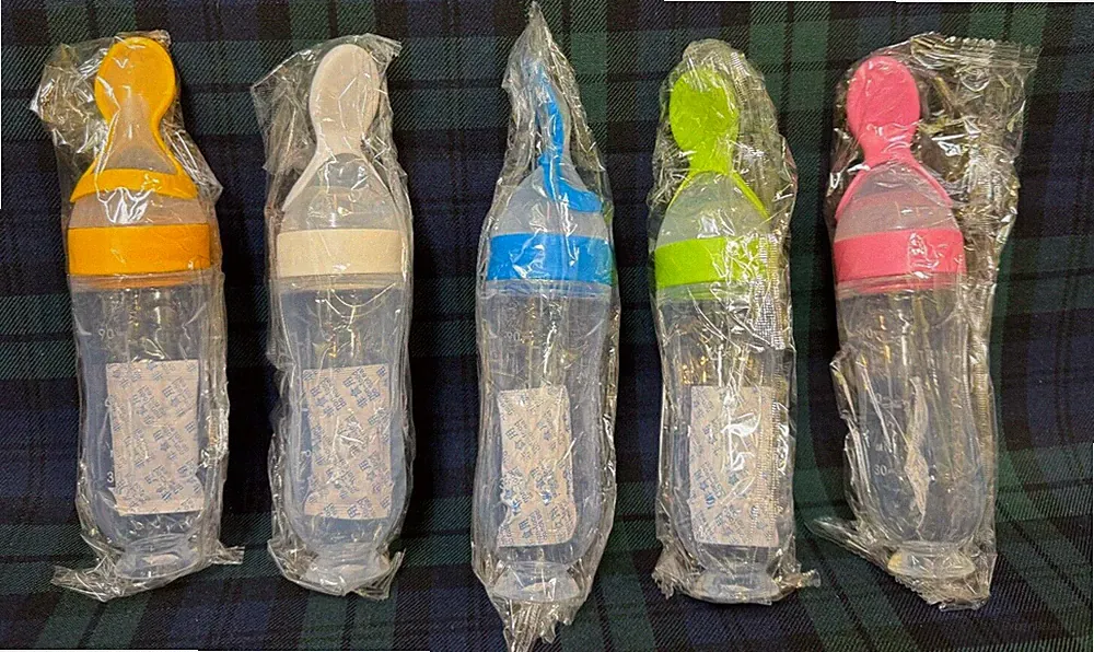 3 - Baby Silicone Squeeze Feeding Bottle w/Spoon & Self Stand for Baby Food 90ml