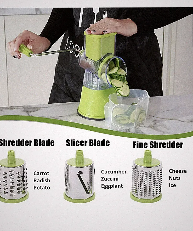 3-in-1 Manual Rotary Food Processor - Juicer, Grinder, Slicer, Shredder, Grater