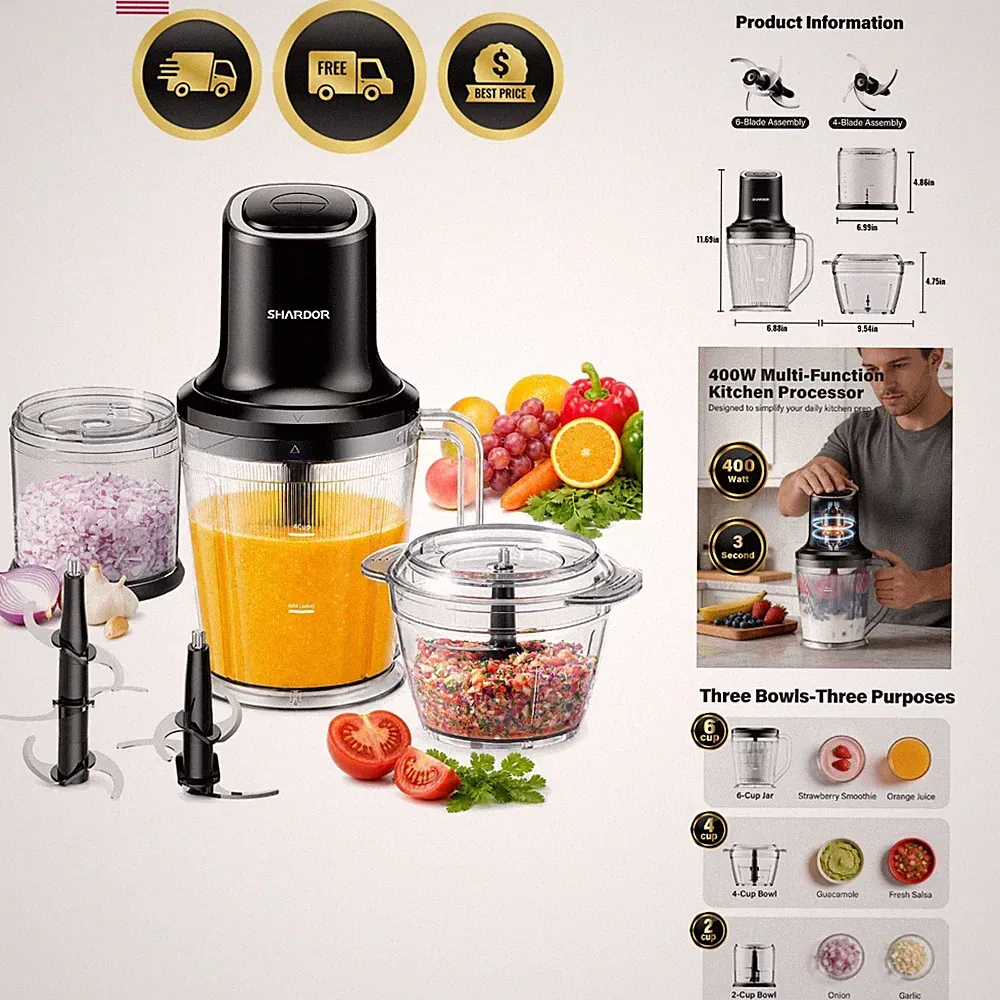 3-in-1 Small Food Processor/Blender, 400W Powerful Food Chopper with 6-Cup Ja...