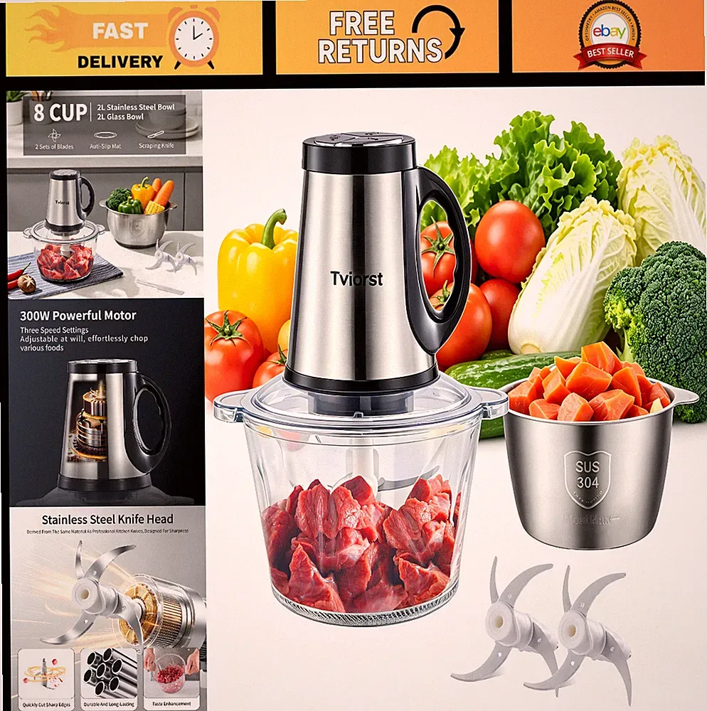 3-Speed Electric Food Processor & Meat Grinder, 16 Cup Chopper, 300W Motor, 2 Bo