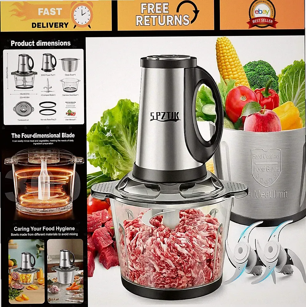 3-Speed Electric Food Processor - Meat Grinder, Veg Chopper & Baby Food Maker, 3