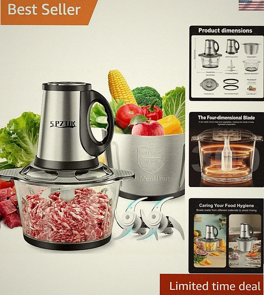 3-Speed Electric Food Processor: Meat Grinder, Vegetable Chopper & Baby Food...