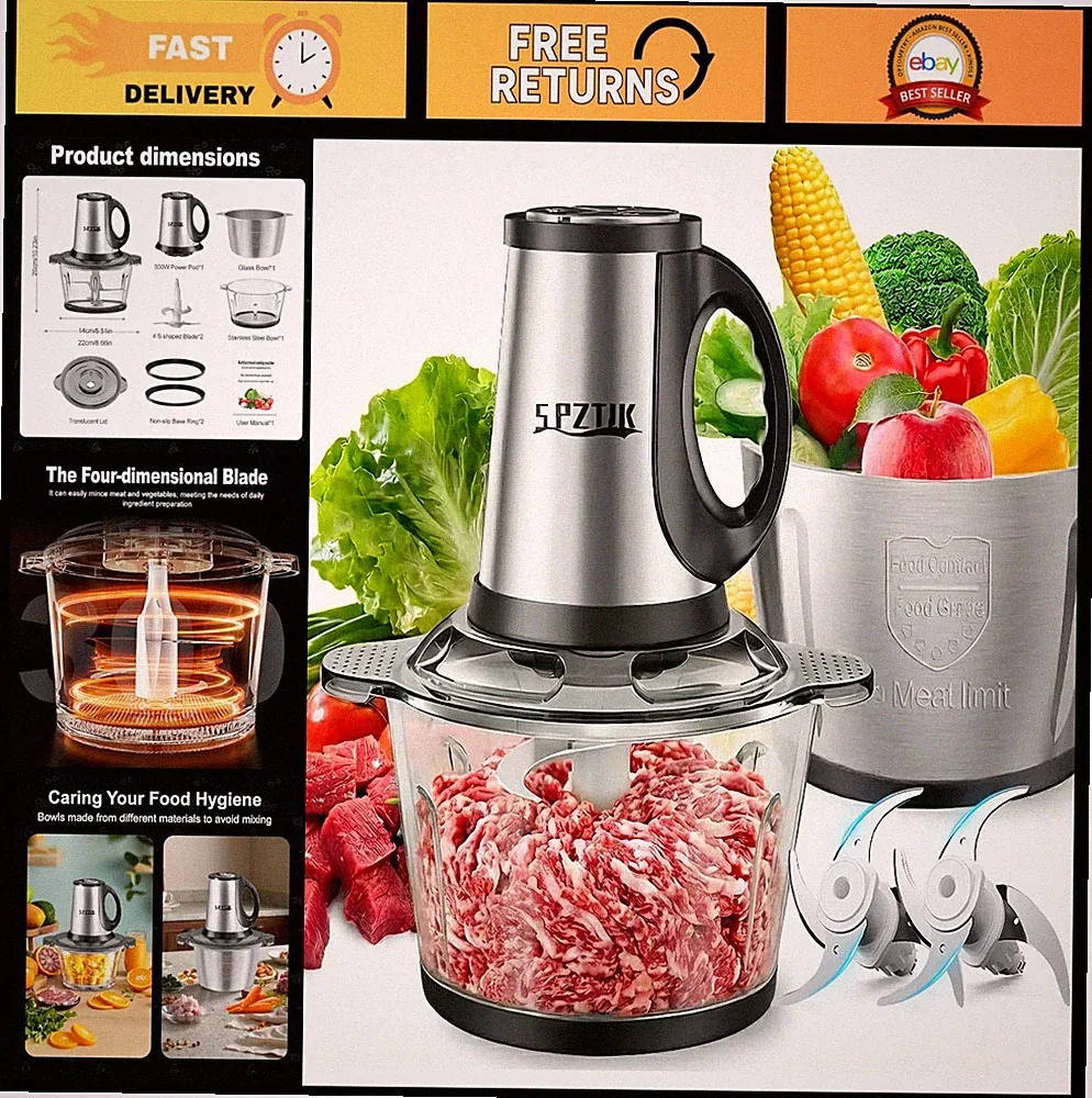 3-Speed Electric Food Processor - Meat Grinder, Vegetable Chopper & Baby Food Ma