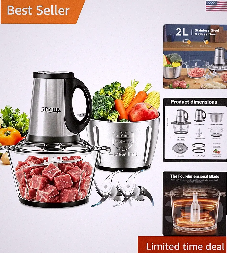 300W 3-Speed Electric Food Processor with 8‑Cup Stainless Steel & Glass Bowls, I