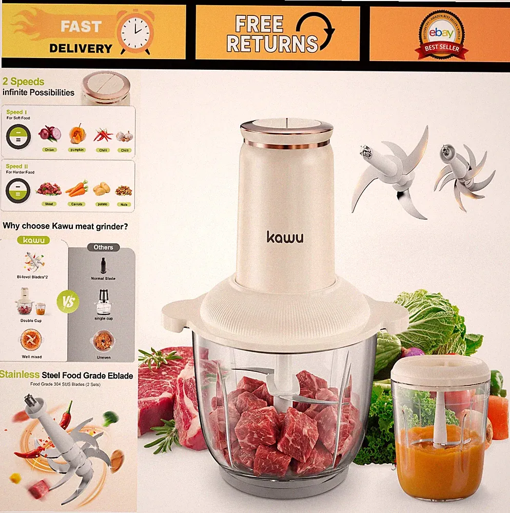 300W Electric Food Processor - 2 Bowls, 2 Speeds, Stainless Steel Blades, Mini C