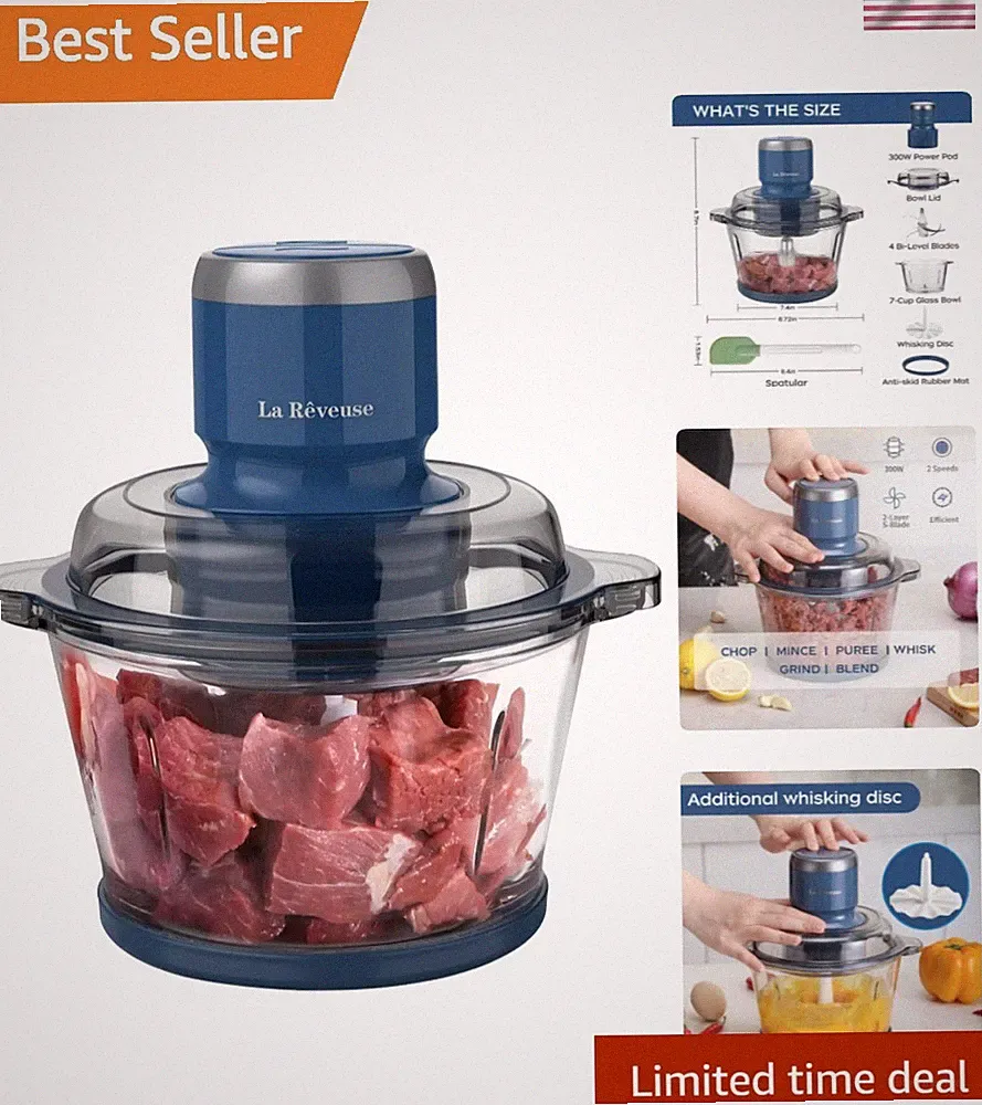 300W Electric Food Processor with 7-Cup Glass Bowl & Stainless Steel Blades