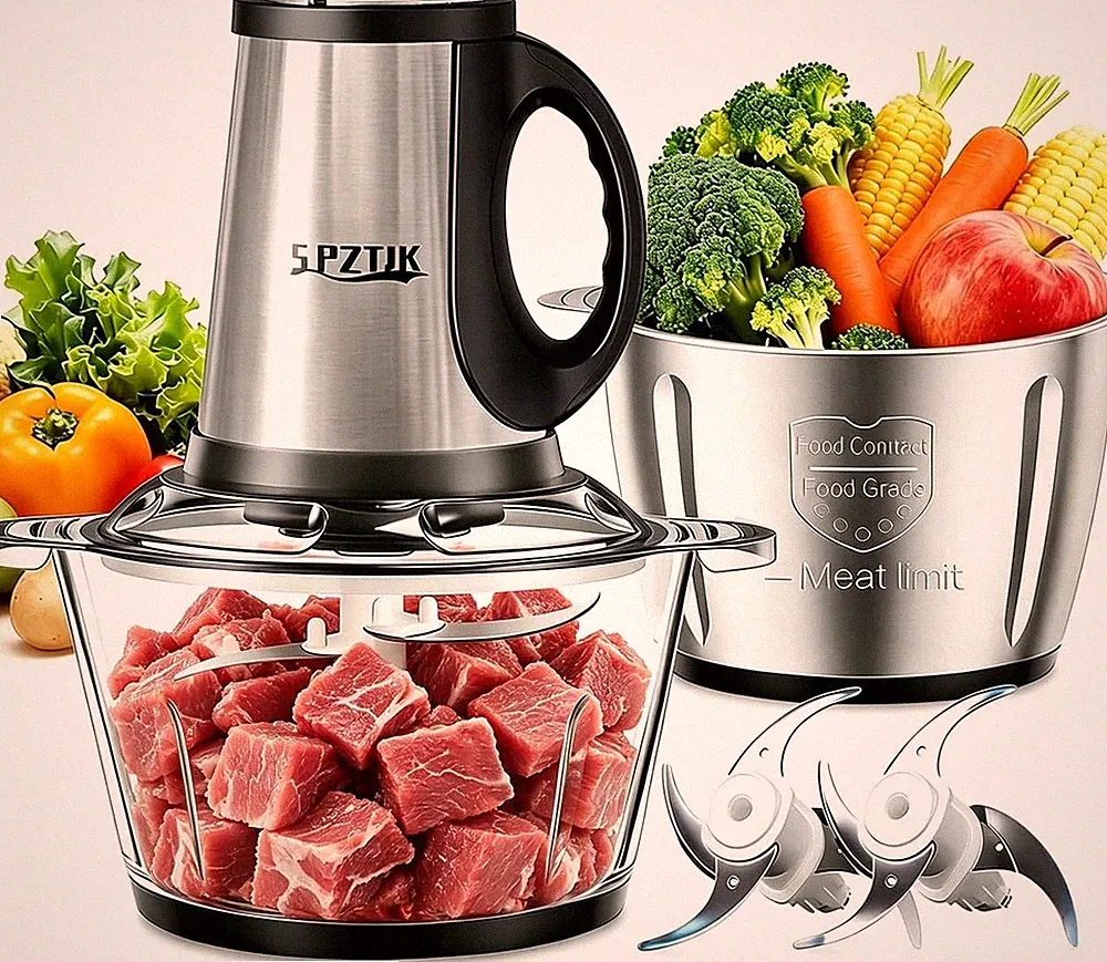 300W Electric Food Processor with Dual Bowls & 3 Speeds