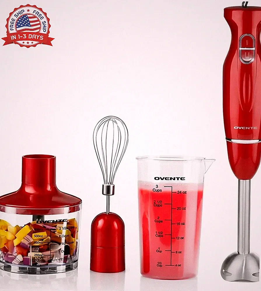300W Handheld Immersion Blender Stick Mixer Red Whisk Chopper Beaker for Kitchen