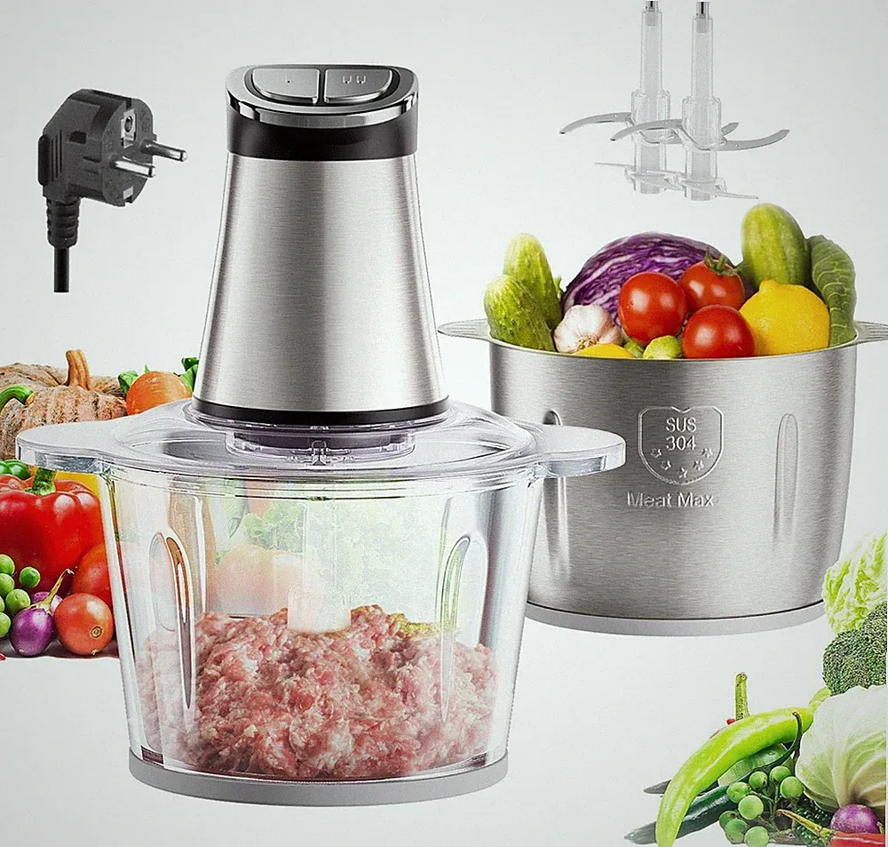 3L Quiet Dual Bowl Food Processor with 2 Blades & Digital Display, EU Plug