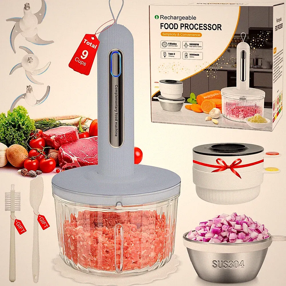 4 Bowls(9 Cups) Cordless Food Processor800W Pure Copper Motor3 Sets SUS304 Blade