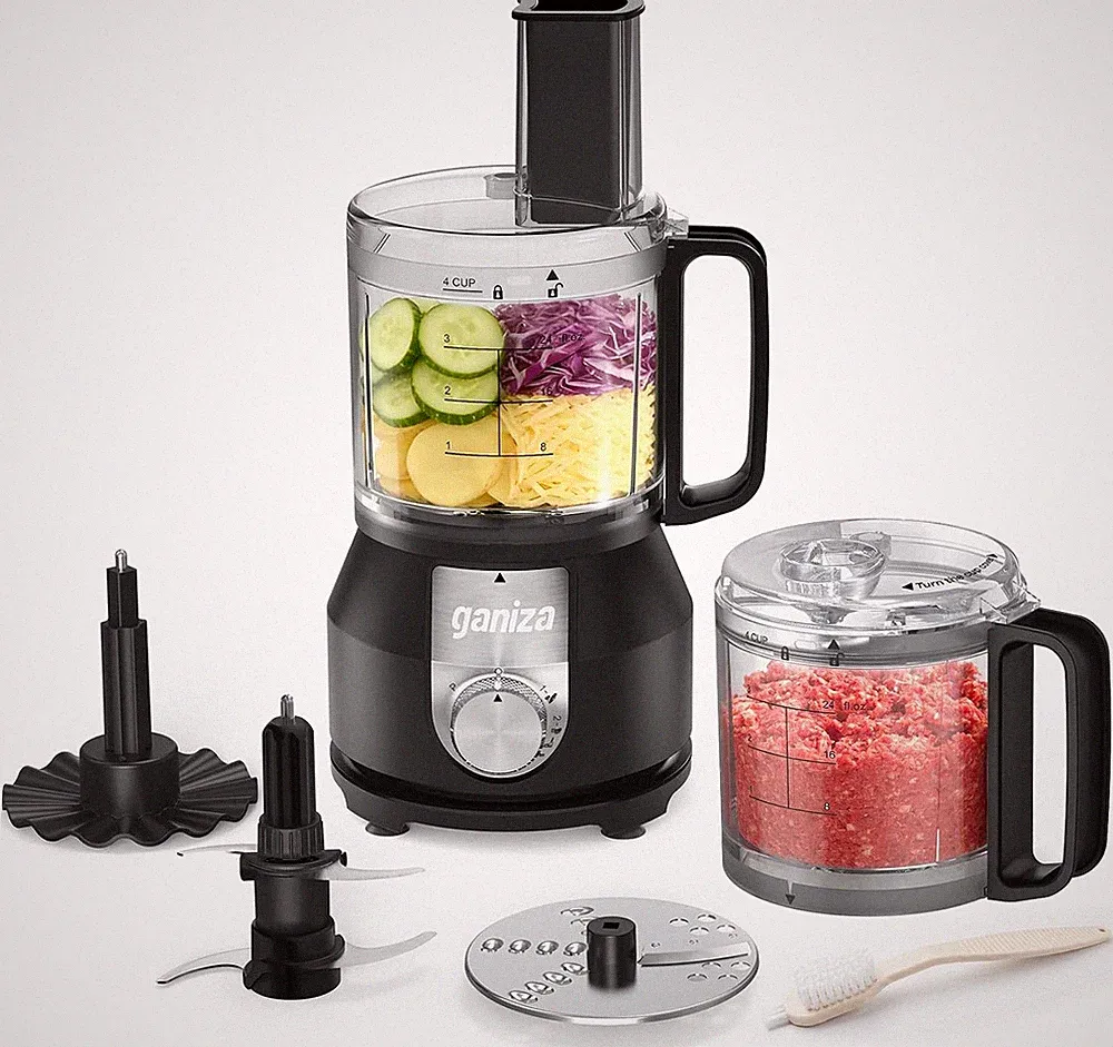 4-In-1 Food Processor with 2X4-Cup Bowls, Slice, Shred, Mince, Whisk