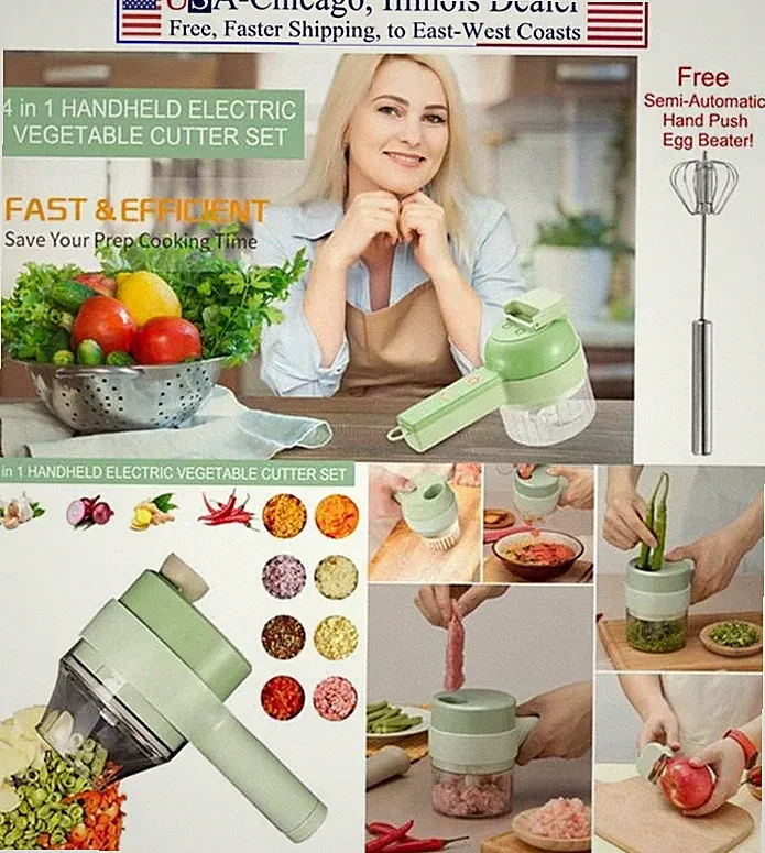 4 IN 1 PORTABLE ELECTRIC VEGETABLE CUTTER FOOD PROCESSOR KITCHEN SET PLUS BEATER