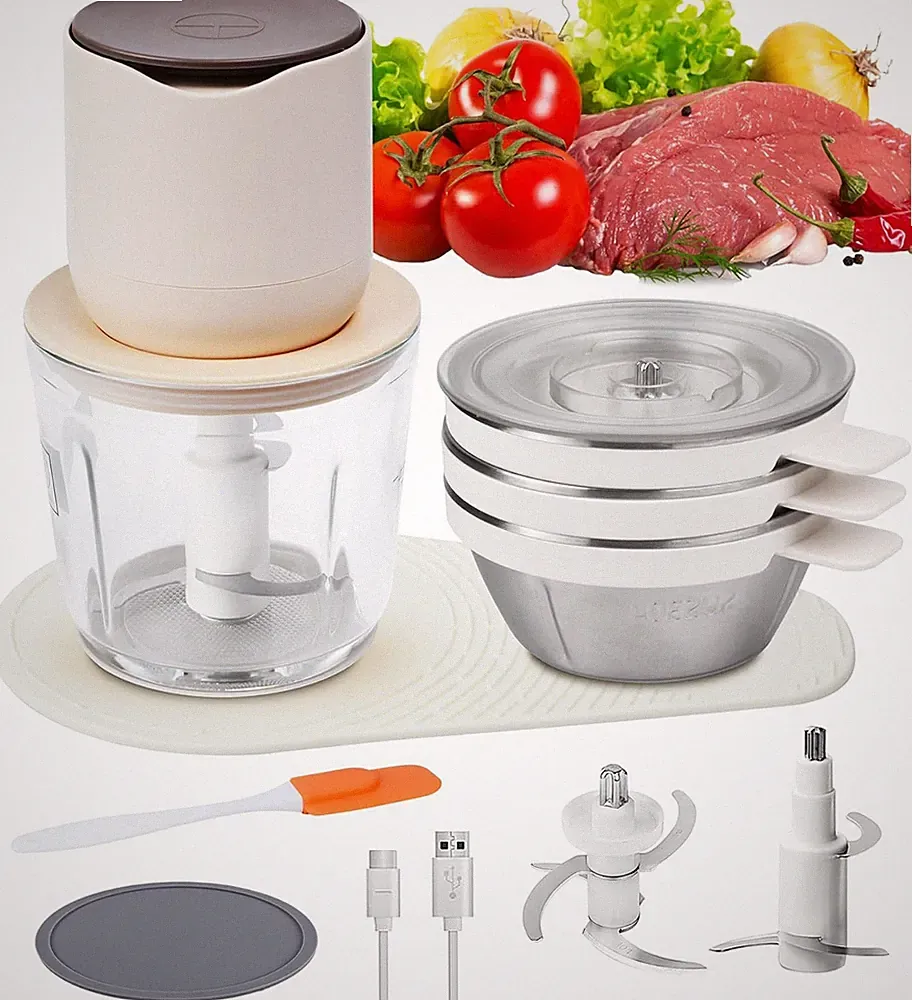 4-In-1 Small Food Processor Cordless Set with 600Ml Glass Bowl, 3*240Ml Stainles