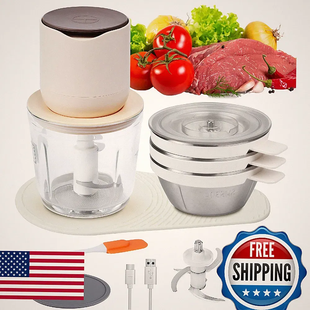 4-in-1 Small Food Processor Cordless Set with 600ml Glass Bowl, 3*240ml Stainles